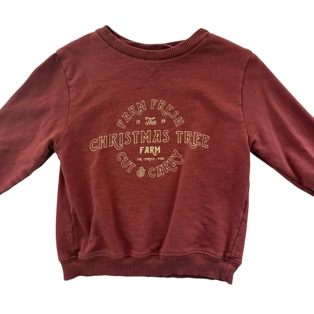 June & Grey Christmas Tree Farm Pullover Crew Sweatshirt Size 2